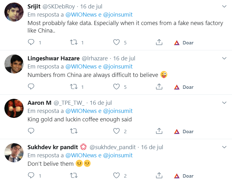 Tweets sobre o crescimento do PIB da China