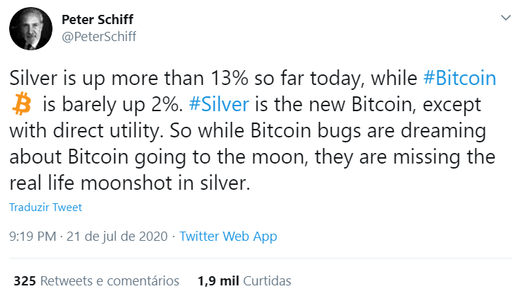 Tweet de Peter Schiff sobre a Prata e o Bitcoin
