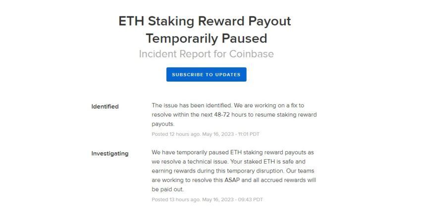 Coinbase suspende temporariamente pagamento de recompensas de Stake ETH