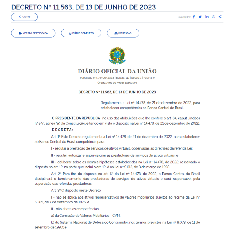 Governo define BC como regulador do mercado de criptoativos em decreto