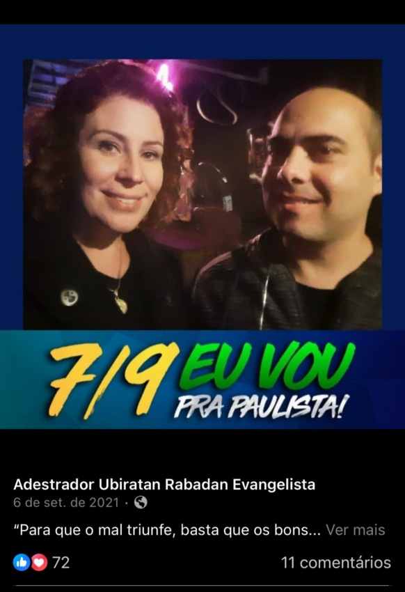 Ubiratan Rabadan Evangelista e Carla Zambelli ilustram campanha pró-Bolsonaro em setembro de 2021.