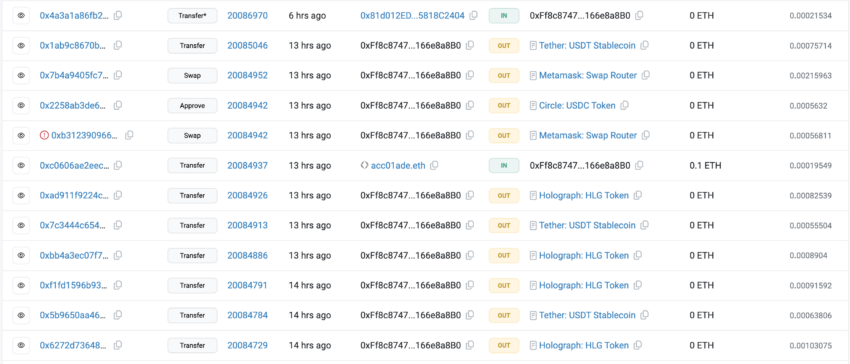 A imagem apresenta as transações no Etherscan. Diversar carteiras hacker transacionando Holograph.