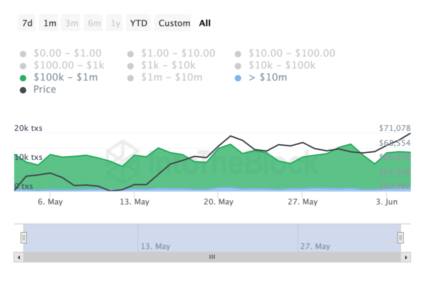 Atividade das baleias Bitcoin hoje. Fonte: IntoTheBlock